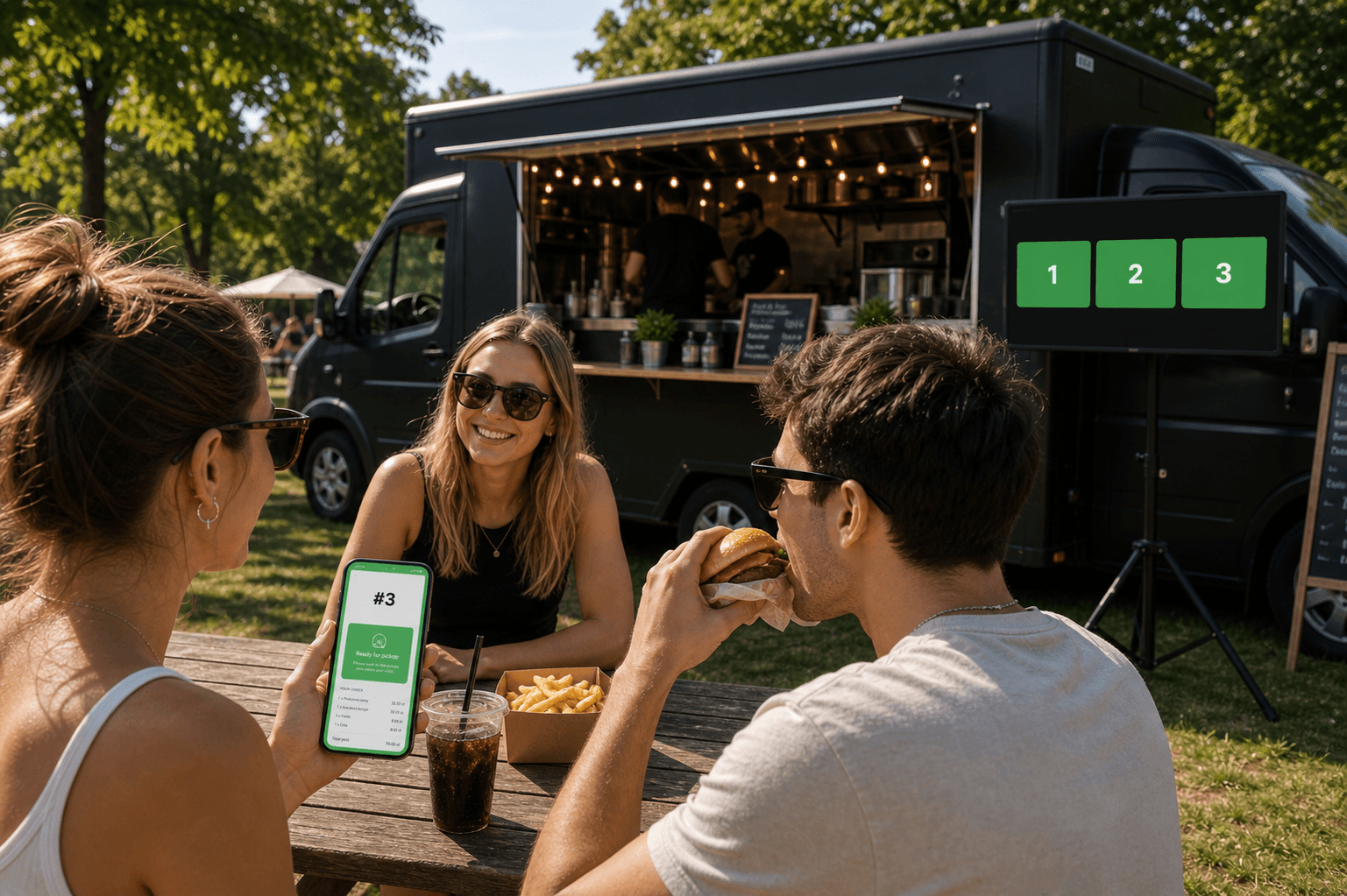 Klienci siedzący przy food trucku z ekranem odbioru na stojaku
